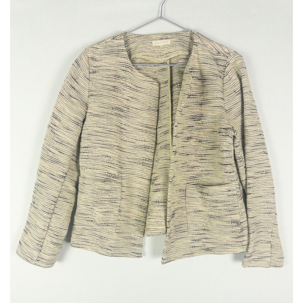 Eileen Fisher Womens Open Front Jacket Cream Navy Textured Tweed Blazer‎ M